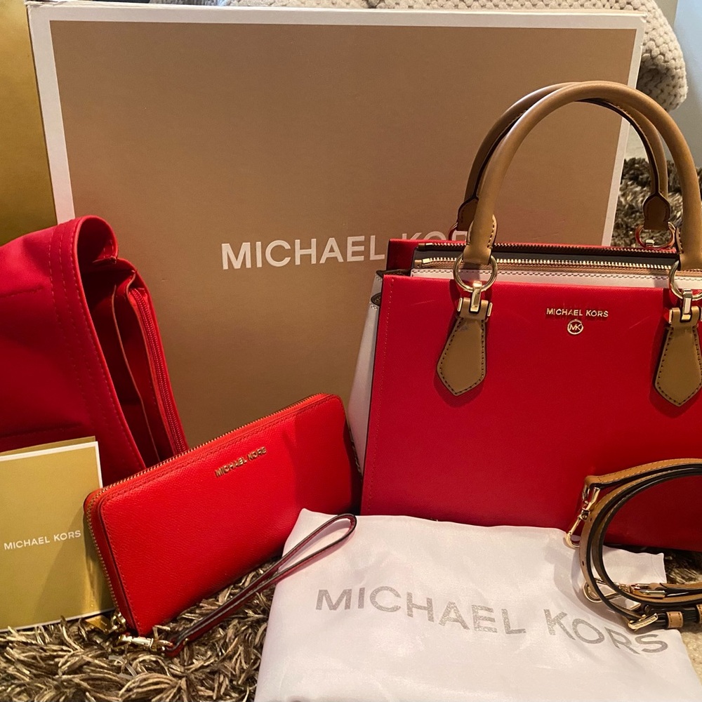 Michael Kors Red Satchel Handbag Set With Gold Hardware